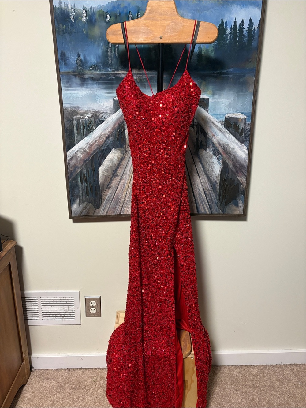 Red Sequin Spaghetti-Strap Prom Gown